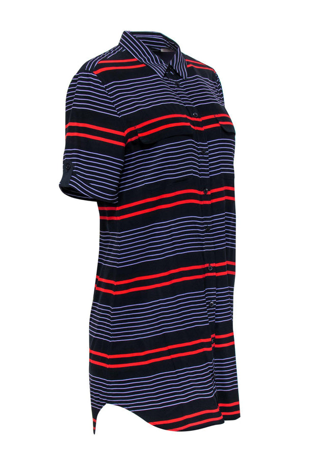 Current Boutique-Equipment - Black Striped Silk Short Sleeve Shirt Dress Sz S