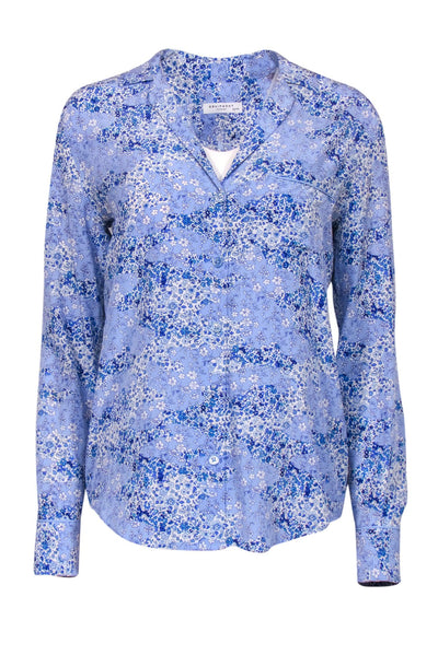 Current Boutique-Equipment - Blue Floral Long Sleeve Silk Button Up Blouse Sz XS