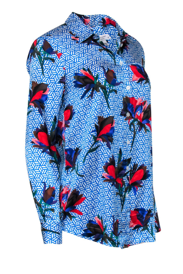 Current Boutique-Equipment - Blue Floral Print Button-Up Silk Shirt Sz S
