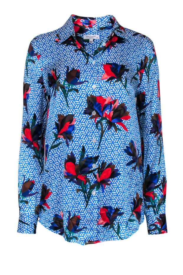 Current Boutique-Equipment - Blue Floral Print Button-Up Silk Shirt Sz S