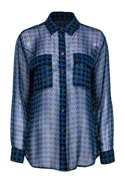 Current Boutique-Equipment - Blue & Green Sheer Houndstooth Button-Up Sz M
