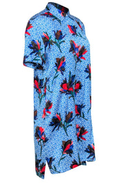 Current Boutique-Equipment - Blue & Multicolor Geometric & Floral Print Button-Up Silk Shirtdress Sz M