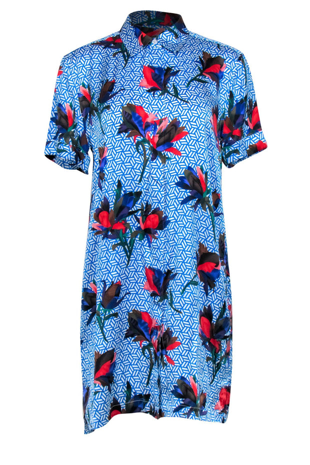 Current Boutique-Equipment - Blue & Multicolor Geometric & Floral Print Button-Up Silk Shirtdress Sz M