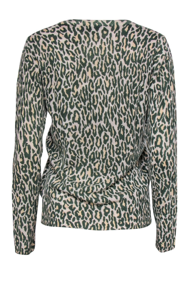 Current Boutique-Equipment - Cream & Green Leopard Print Cashmere V-Neck Sweater Sz S
