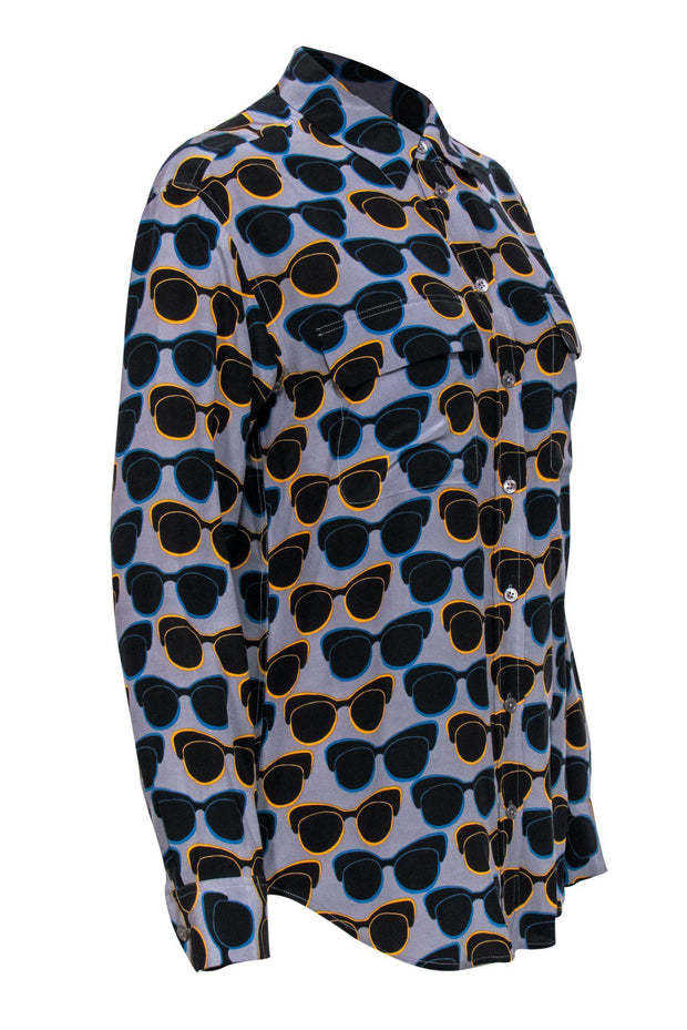 Current Boutique-Equipment - Grey & Multicolored Sunglasses Print Button-Up Silk Blouse Sz M