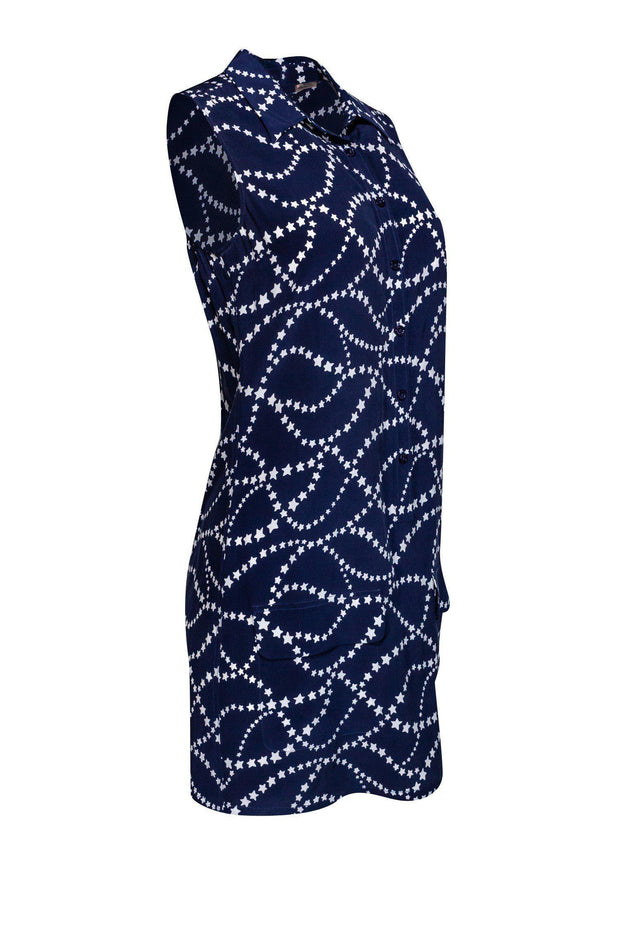 Current Boutique-Equipment - Navy Silk Star Patterned Button-Up Dress Sz XS