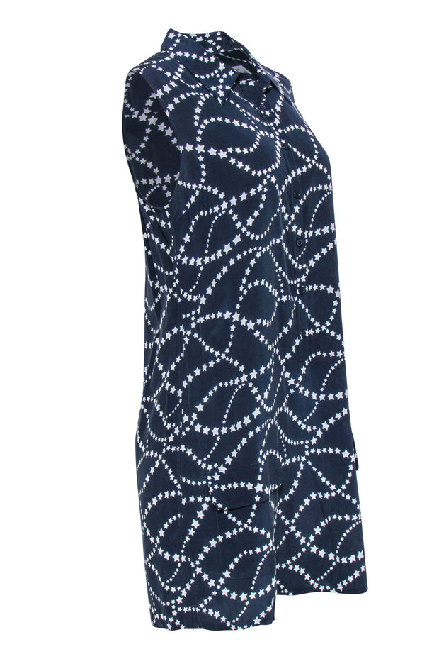 Current Boutique-Equipment - Navy & White Star Print Sleeveless Button-Up Silk Shirt Dress Sz L
