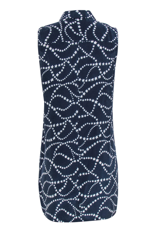 Current Boutique-Equipment - Navy & White Star Print Sleeveless Button-Up Silk Shirt Dress Sz L