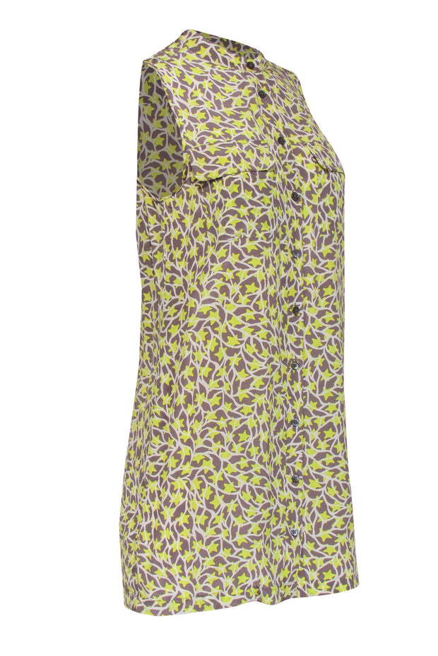 Current Boutique-Equipment - Neon Yellow, Grey & White Star Print Button-Up Silk Shift Dress Sz XS