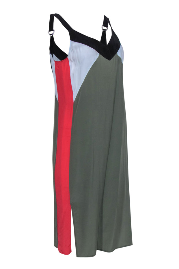 Current Boutique-Equipment - Olive, White & Red Colorblocked Silk Dress Sz M