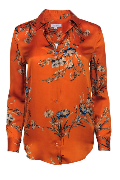 Current Boutique-Equipment - Orange Floral Printed Satin Button-Front Blouse Sz XXS