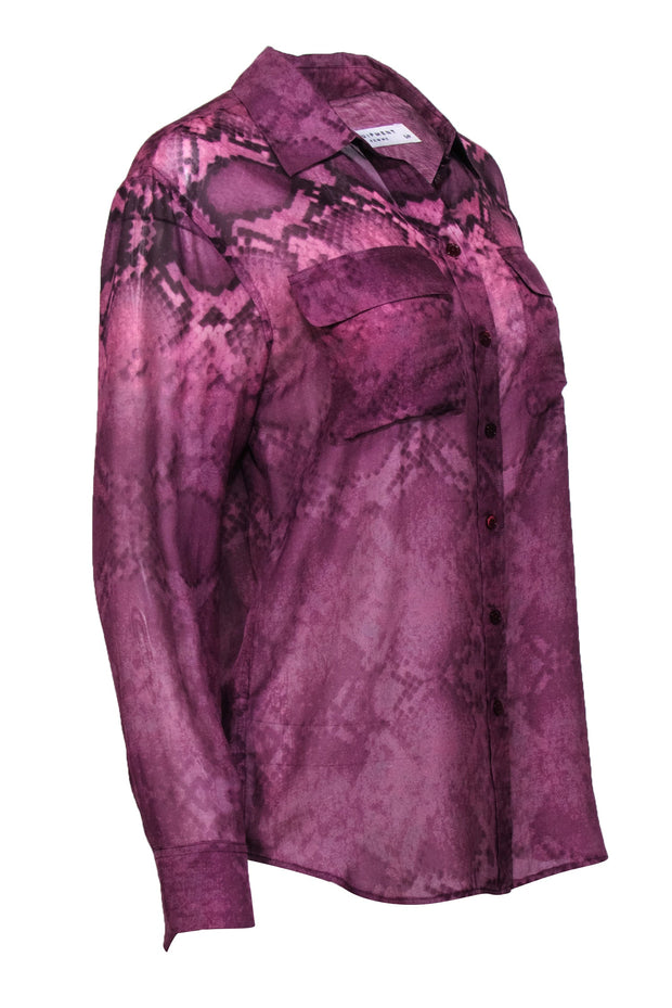 Current Boutique-Equipment - Purple Snakeskin Print Button-Up Silk Blouse Sz S
