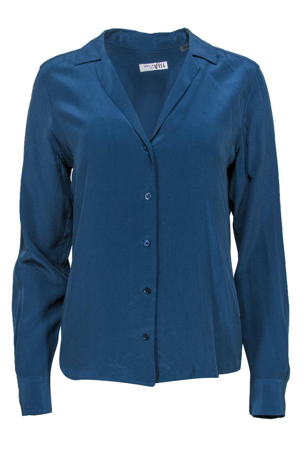 Current Boutique-Equipment - Slate Blue Button-Up Silk Blouse Sz S