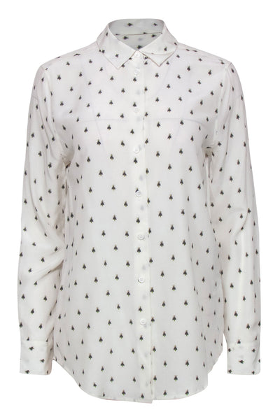Current Boutique-Equipment - White Bee Print Button-Up Long Sleeve Silk Blouse Sz S