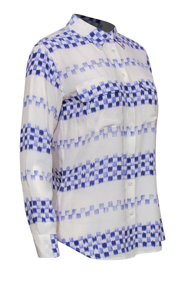 Current Boutique-Equipment - White Collared Blouse w/ Blue Checkered Brushstroke Pattern Sz S