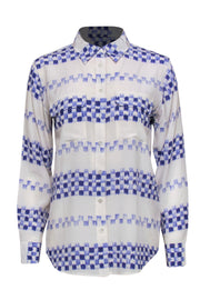 Current Boutique-Equipment - White Collared Blouse w/ Blue Checkered Brushstroke Pattern Sz S