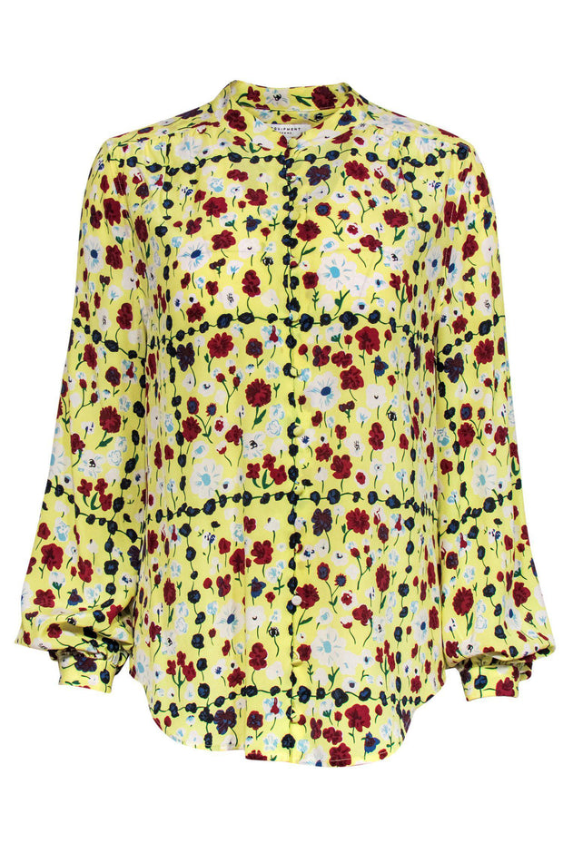 Current Boutique-Equipment - Yellow Floral Print Silk Button-Up Blouse Sz M