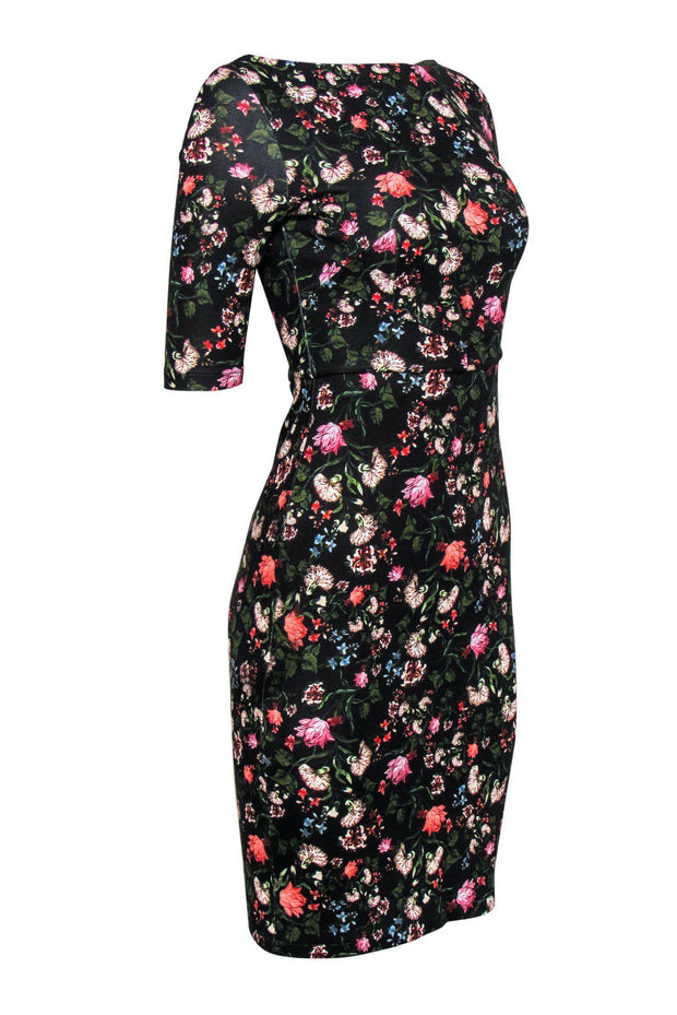Current Boutique-Erdem - Black Floral Print Quarter Sleeve Sheath Dress Sz S