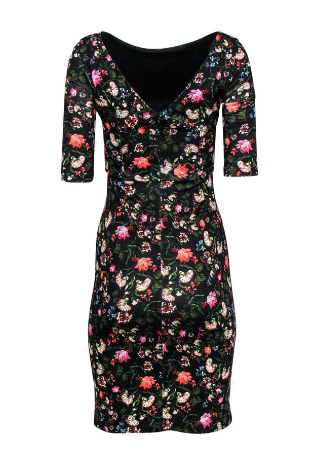 Current Boutique-Erdem - Black Floral Print Quarter Sleeve Sheath Dress Sz S