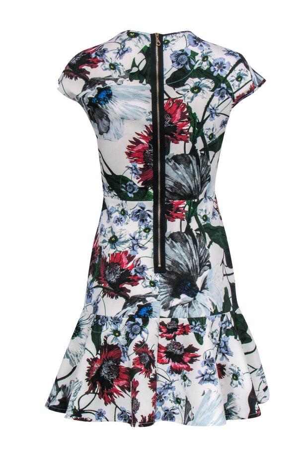 Current Boutique-Erdem - White & Multicolored Floral Print Cap Sleeve Sheath Dress w/ Flounce Hem Sz 6