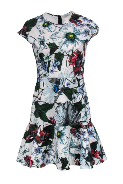 Current Boutique-Erdem - White & Multicolored Floral Print Cap Sleeve Sheath Dress w/ Flounce Hem Sz 6