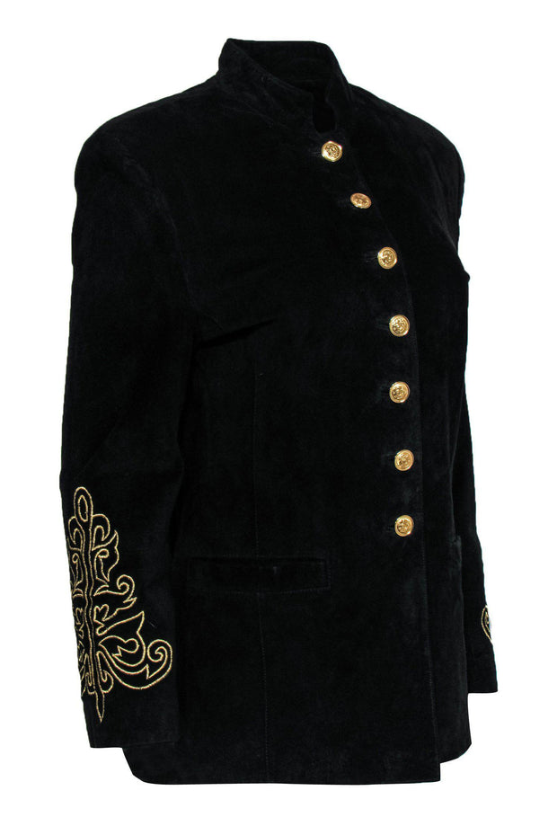 Current Boutique-Erez Levy - Black Suede Gold-Button Jacket w/ Embroidery Sz S