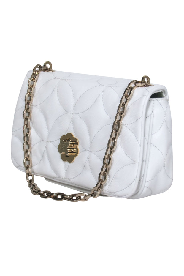 Current Boutique-Eric Javits - White Quilted Leather Gold Chain Baguette w/ Floral Clasp