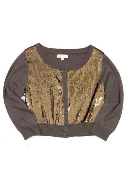 Current Boutique-Erin Fetherston - Brown & Gold Sequined Crop Cardigan Sz L