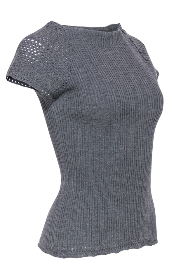 Current Boutique-Ermanno Scervino - Dark Gray Wool Ribbed Short Sleeved Top Sz XS