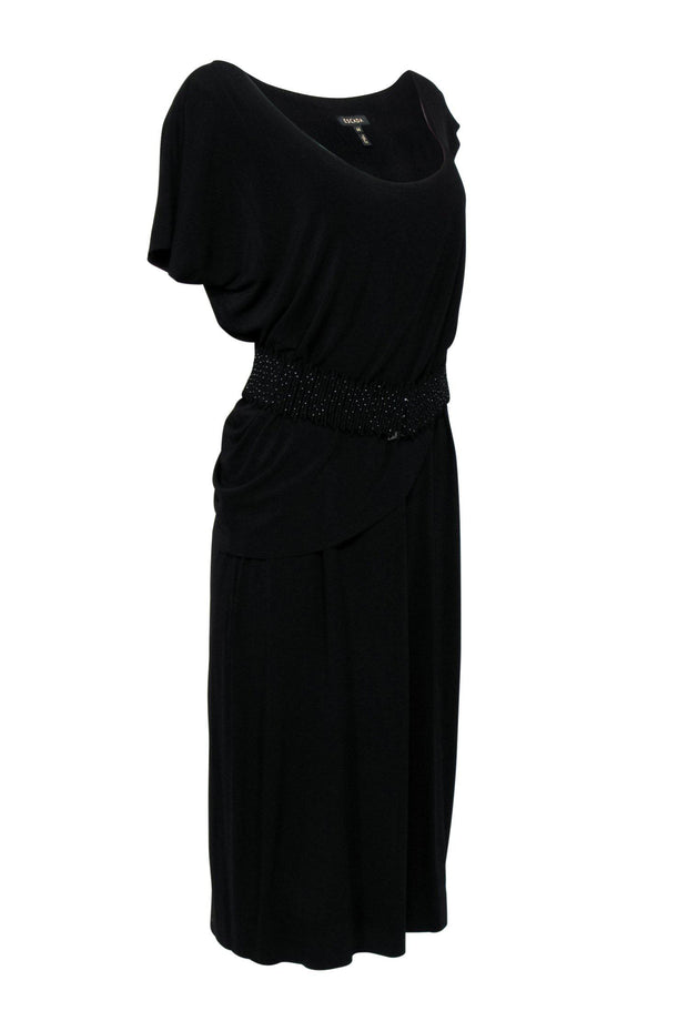 Current Boutique-Escada - Black Draped Sleeveless Midi Dress w/ Embellished Belt Sz 14
