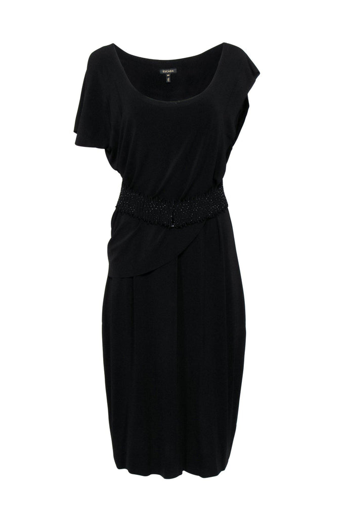 Escada - Black Draped Sleeveless Midi Dress w/ Embellished Belt Sz 14 –  Current Boutique
