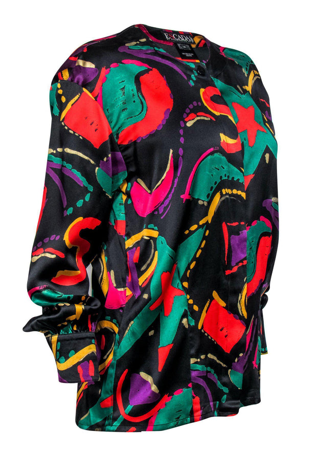 Current Boutique-Escada - Black & Multicolored Printed Long Sleeve Button-Up Silk Blouse Sz 6