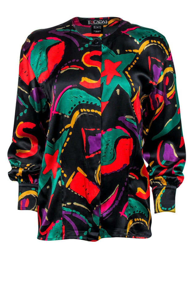 Current Boutique-Escada - Black & Multicolored Printed Long Sleeve Button-Up Silk Blouse Sz 6