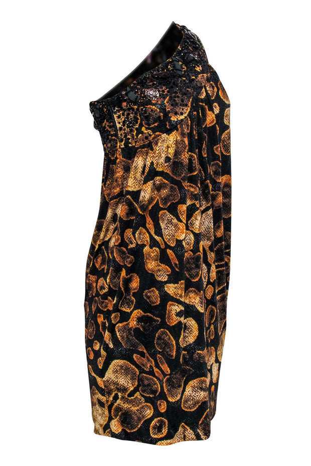 Current Boutique-Escada - Black & Orange Snakeskin Print One-Shoulder Dress Sz 4