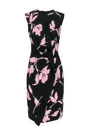 Current Boutique-Escada - Black & Pink Floral Ruffle Sheath Dress Sz 12