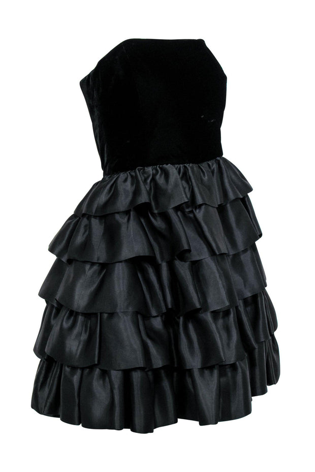 Current Boutique-Escada - Black Strapless Tiered Fit & Flare Dress w/ Velvet Bodice Sz 10