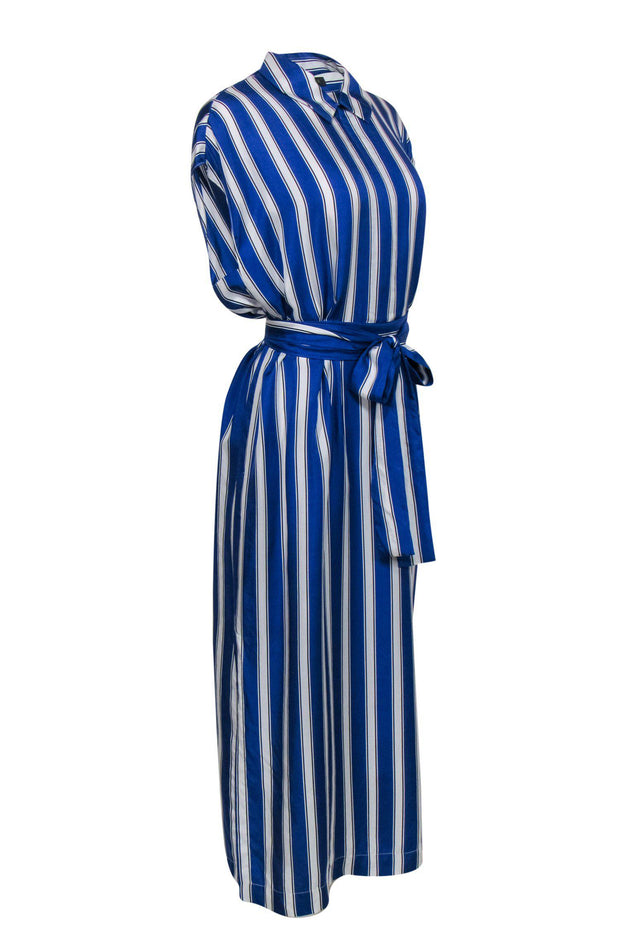 Current Boutique-Escada - Blue & White Striped Sleeveless Belted Silk Maxi Shirt Dress Sz L