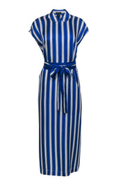 Current Boutique-Escada - Blue & White Striped Sleeveless Belted Silk Maxi Shirt Dress Sz L