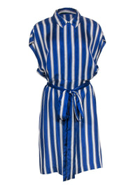 Current Boutique-Escada - Blue & White Striped Sleeveless Belted Silk Shirt Dress Sz L