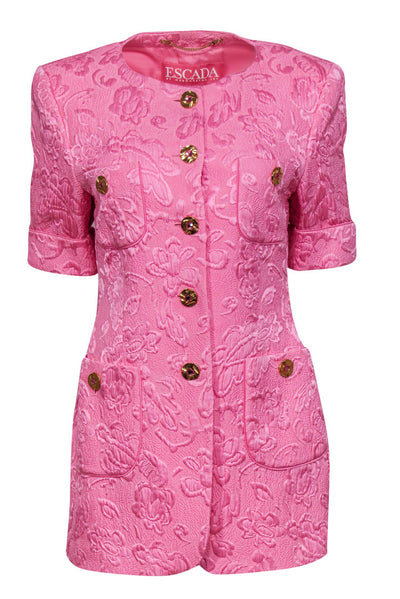 Current Boutique-Escada - Bright Pink Floral Brocade Short Sleeve Button-Up Blazer Sz 8