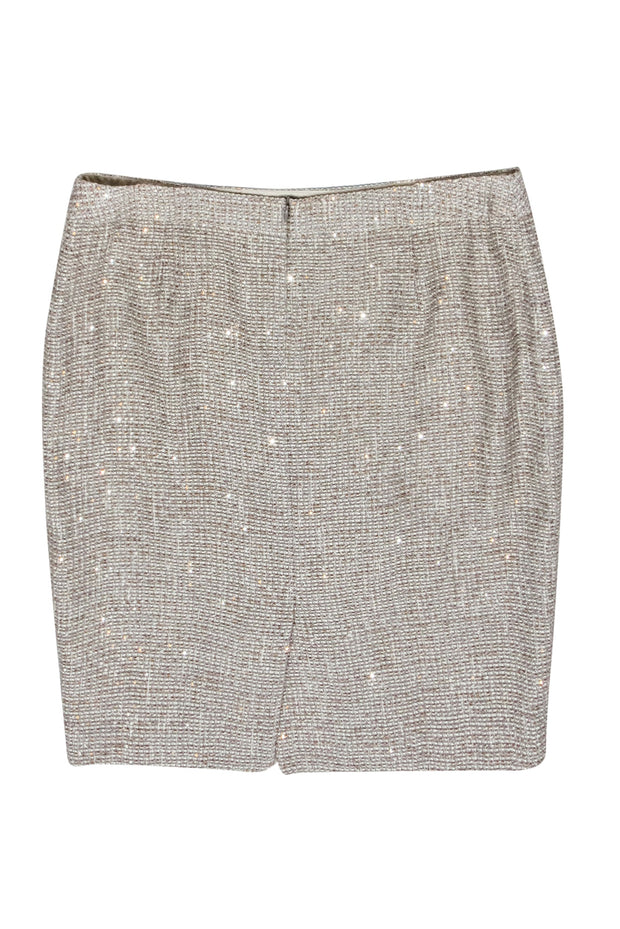 Current Boutique-Escada - Bronze & Taupe Sequin Cotton Blend Tweed Pencil Skirt Sz 16