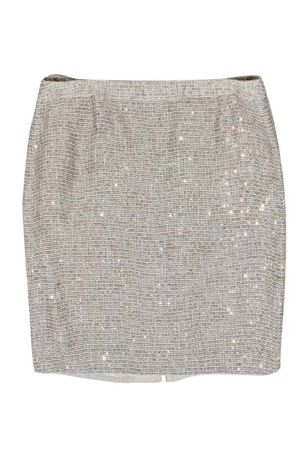 Current Boutique-Escada - Bronze & Taupe Sequin Cotton Blend Tweed Pencil Skirt Sz 16