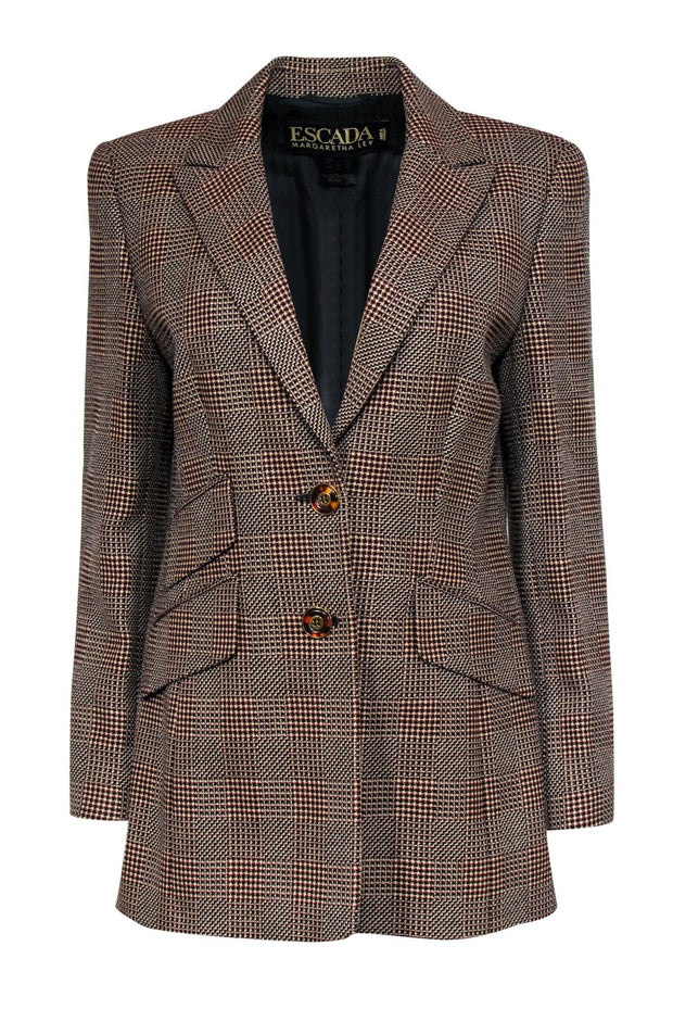 Current Boutique-Escada - Brown Woven Plaid Wool Blazer w/ Tortoise Shell Buttons Sz 8