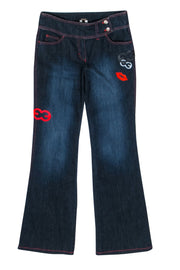 Current Boutique-Escada - Dark Wash Flared Jeans w/ Lip & Logo Embroidery & Patches Sz 4