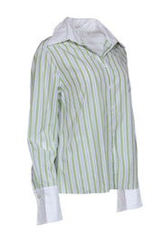 Current Boutique-Escada - Green & White Striped Cotton Button-Up Blouse Sz 14