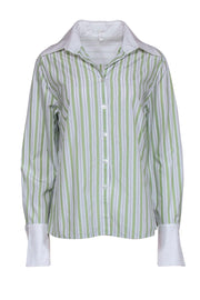 Current Boutique-Escada - Green & White Striped Cotton Button-Up Blouse Sz 14