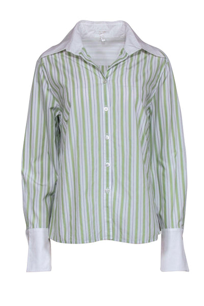 Current Boutique-Escada - Green & White Striped Cotton Button-Up Blouse Sz 14