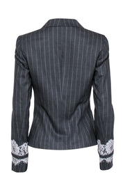 Current Boutique-Escada - Grey Pinstripe Blazer w/ Detailed Lace Sleeves Sz 6