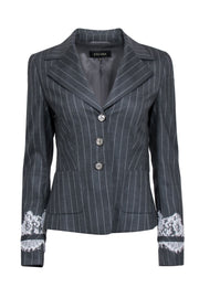 Current Boutique-Escada - Grey Pinstripe Blazer w/ Detailed Lace Sleeves Sz 6