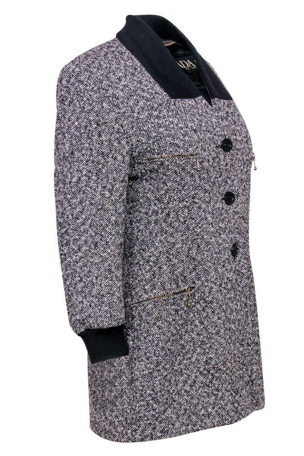 Current Boutique-Escada - Grey Tweed Longline Button-Up Jacket w/ Ribbed Trim Sz 8